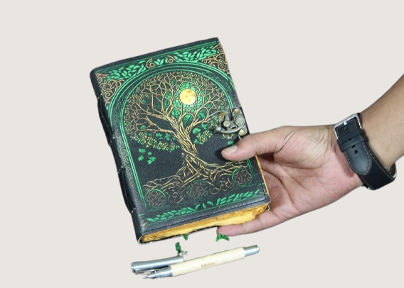 Leather Journal Tree & Moon printed dairy, leather sketchbook, Premium journal (5X7Inch) 200 Pages