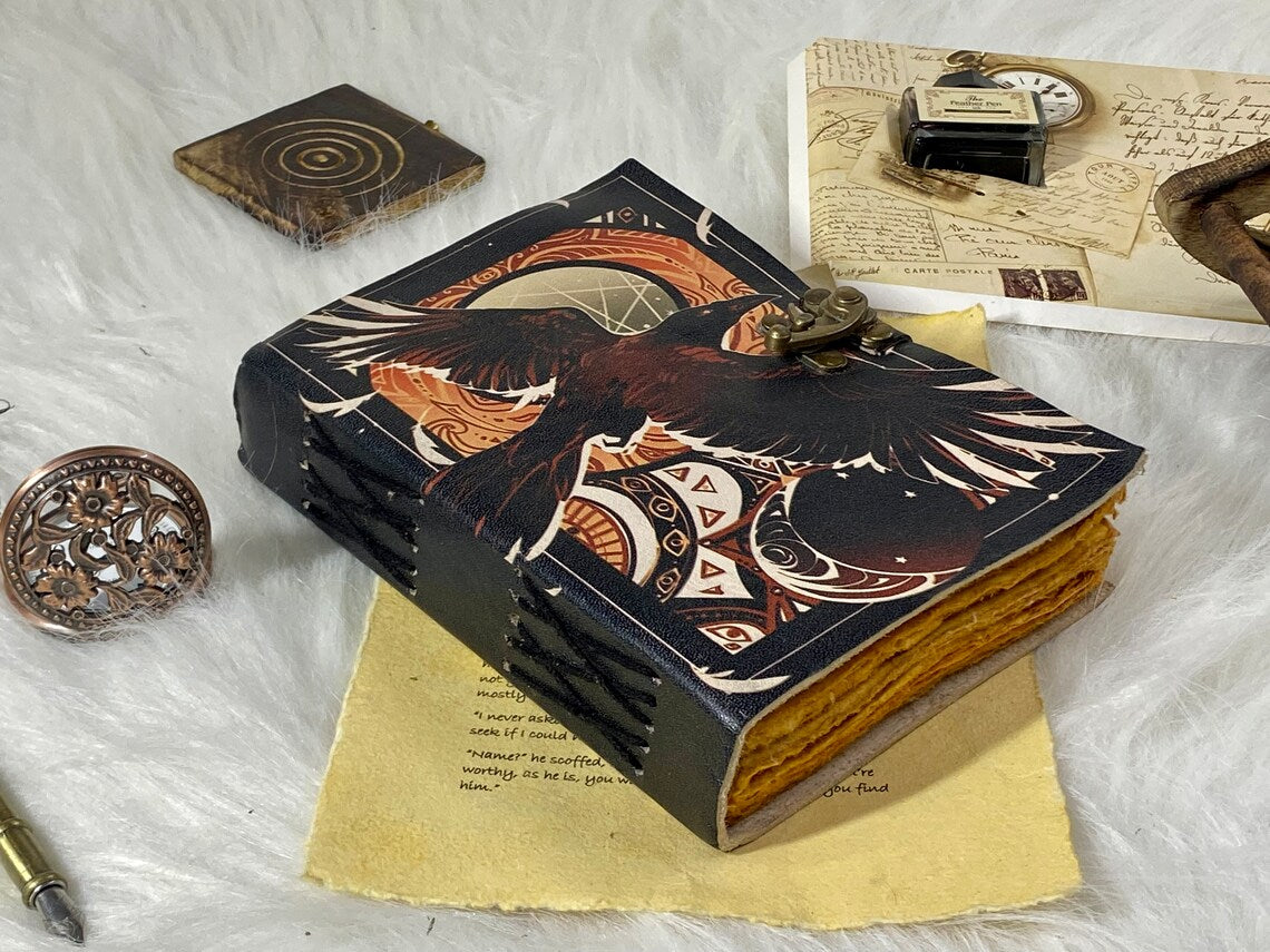 Raven Handstitched Leather Grimoire Journal