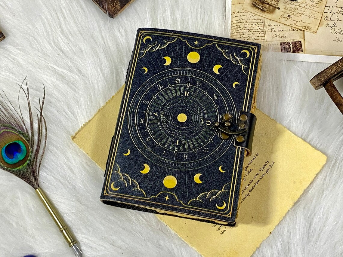 Sun & Moon Handmade Leather Grimoire Journal
