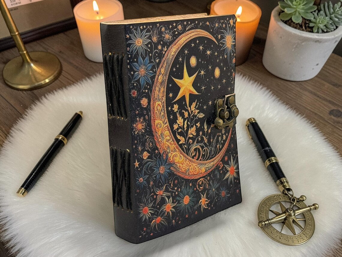Starry Moon Leather Journal – Celestial Notebook 5x7 inch, 200 pages