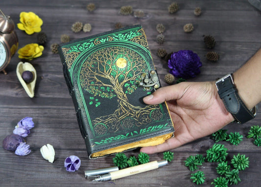 Leather Journal Tree & Moon printed dairy, leather sketchbook, Premium journal (5X7Inch) 200 Pages