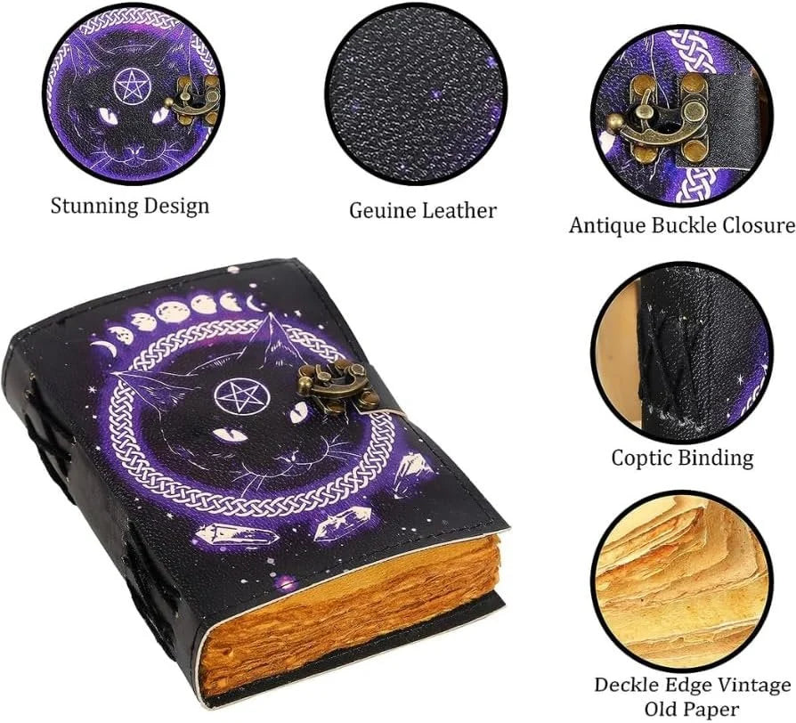 Books Of Spell Leather Journal Magic Cat Goddess Printed Celestial Moon,5x7 Inch,200 Pages