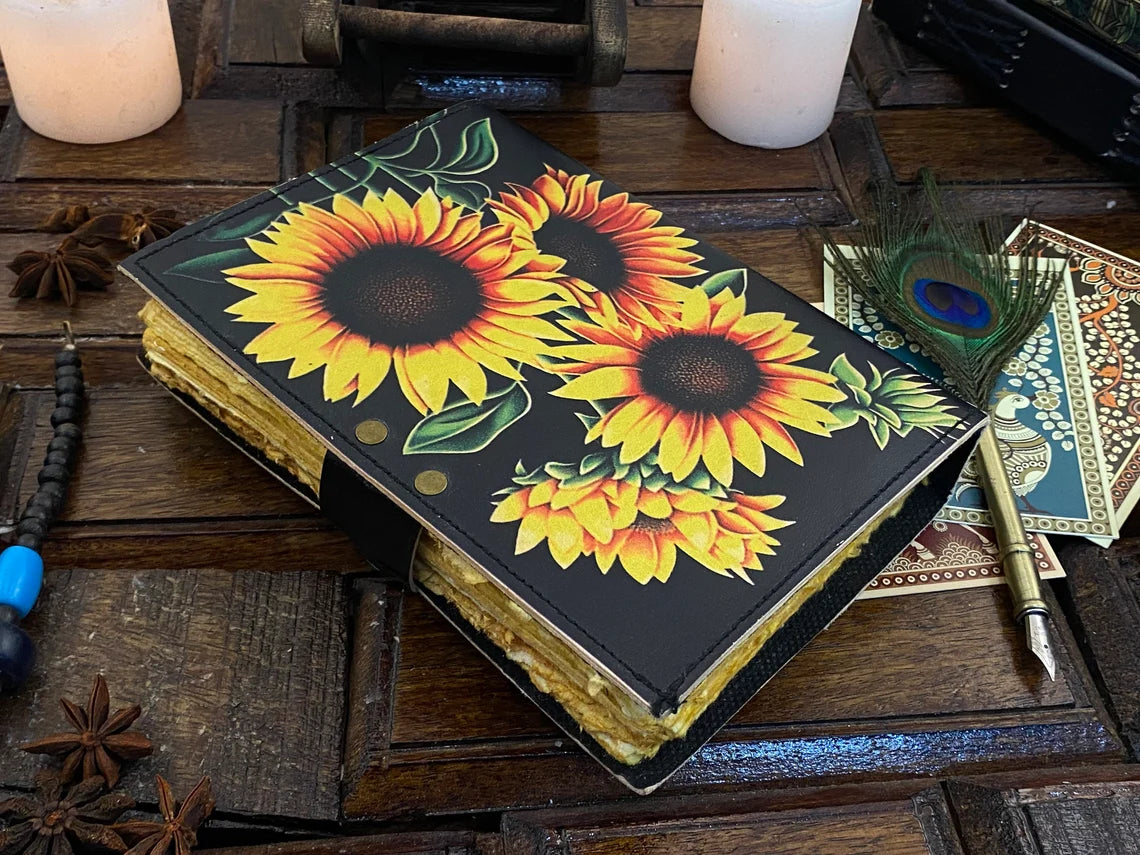 Sunflower Leather Journal – Handmade Writing Notebook 5x7 inch , 200 pages