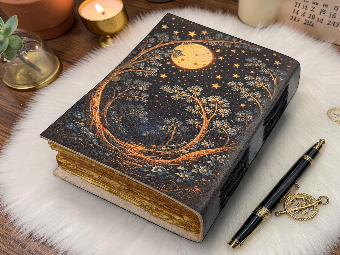 Celestial Moon Forest Leather Journal 5x7 nch, 200 pages