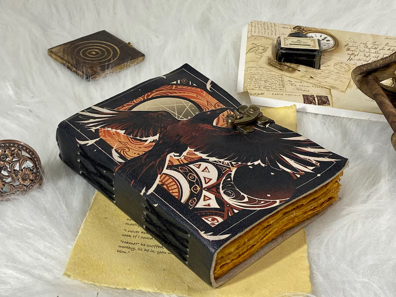 Raven Handstitched Leather Grimoire Journal