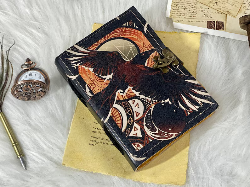 Raven Handstitched Leather Grimoire Journal