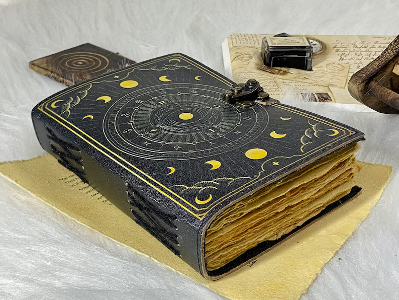 Sun & Moon Handmade Leather Grimoire Journal