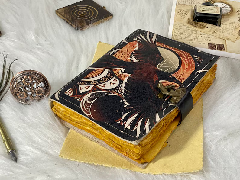 Raven Handstitched Leather Grimoire Journal