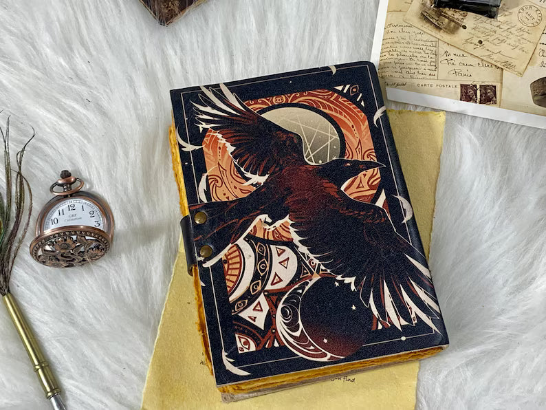 Raven Handstitched Leather Grimoire Journal
