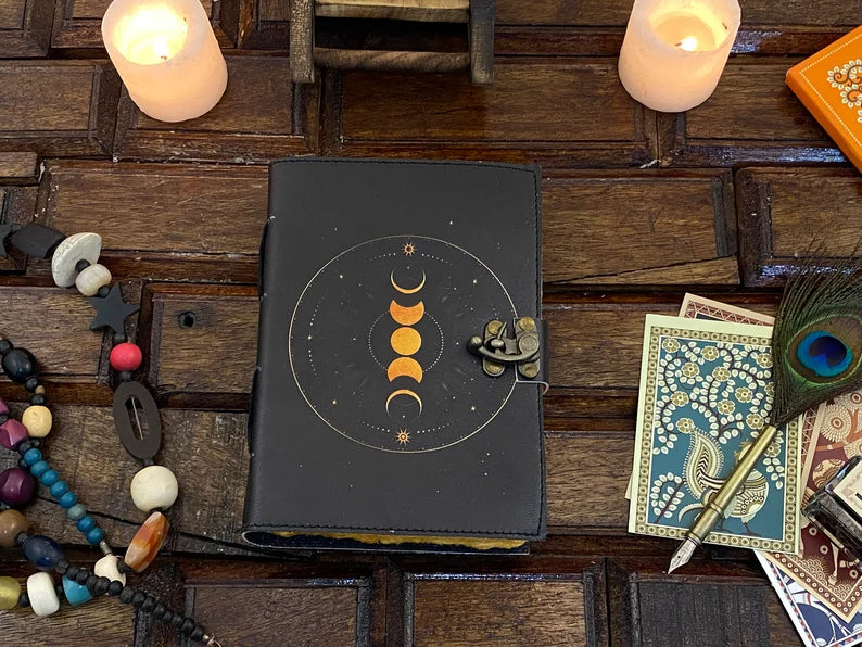 Moon Phase Leather Journal – Grimoire Notebook 5x7 inch, 200 pages
