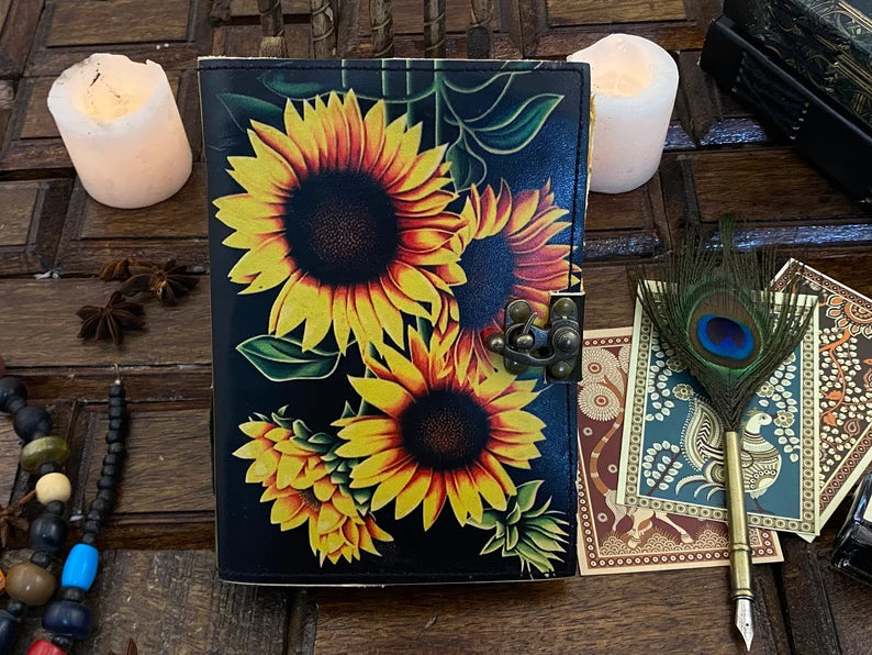 Sunflower Leather Journal – Handmade Writing Notebook 5x7 inch , 200 pages