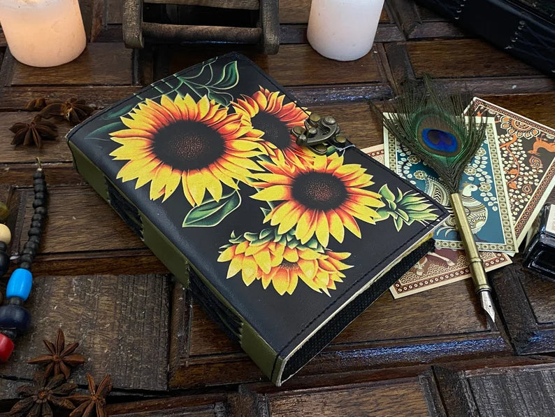 Sunflower Leather Journal – Handmade Writing Notebook 5x7 inch , 200 pages