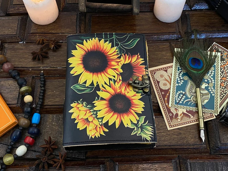 Sunflower Leather Journal – Handmade Writing Notebook 5x7 inch , 200 pages