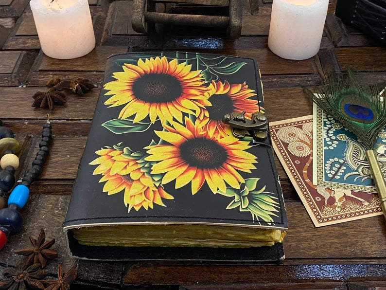 Sunflower Leather Journal – Handmade Writing Notebook 5x7 inch , 200 pages