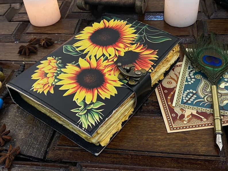 Sunflower Leather Journal – Handmade Writing Notebook 5x7 inch , 200 pages