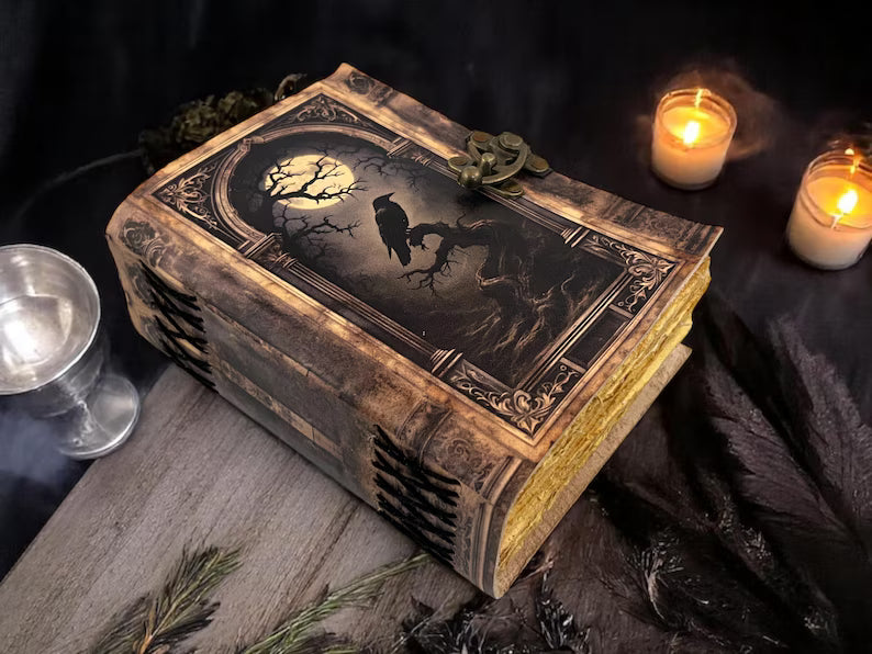 Raven Grimoire Leather Journal – Handmade Spellbook 5x7 Inch,200 Pages
