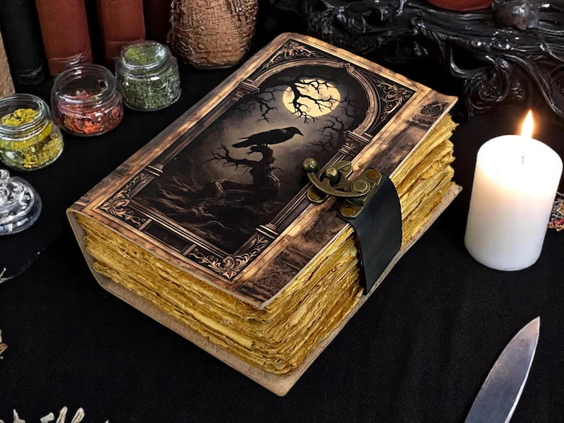 Raven Grimoire Leather Journal – Handmade Spellbook 5x7 Inch,200 Pages