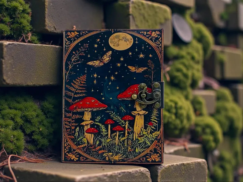 Mushroom Leather Journal Handmade Spellbook Notebook, 5x7 Inch,200 Pages