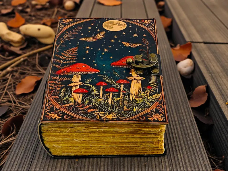 Mushroom Leather Journal Handmade Spellbook Notebook, 5x7 Inch,200 Pages