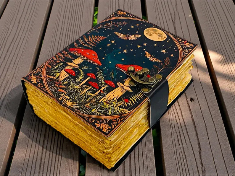 Mushroom Leather Journal Handmade Spellbook Notebook, 5x7 Inch,200 Pages