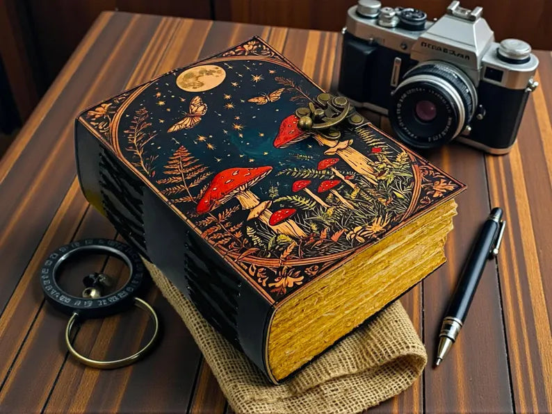 Mushroom Leather Journal Handmade Spellbook Notebook, 5x7 Inch,200 Pages