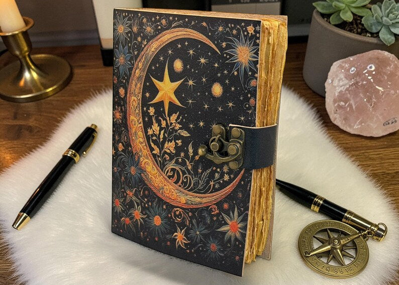 Starry Moon Leather Journal – Celestial Notebook 5x7 inch, 200 pages
