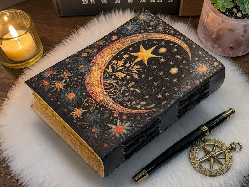 Starry Moon Leather Journal – Celestial Notebook 5x7 inch, 200 pages