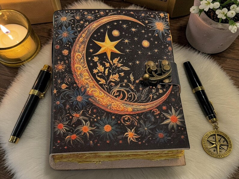 Starry Moon Leather Journal – Celestial Notebook 5x7 inch, 200 pages