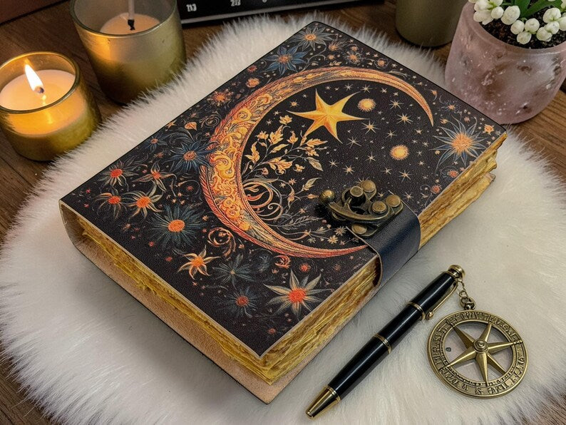 Starry Moon Leather Journal – Celestial Notebook 5x7 inch, 200 pages