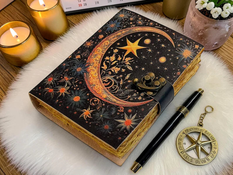 Starry Moon Leather Journal – Celestial Notebook 5x7 inch, 200 pages
