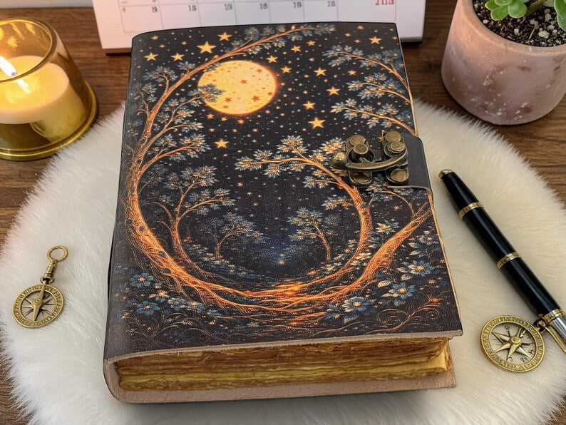 Celestial Moon Forest Leather Journal 5x7 nch, 200 pages
