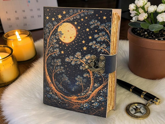 Celestial Moon Forest Leather Journal 5x7 nch, 200 pages