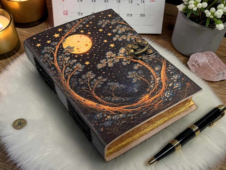 Celestial Moon Forest Leather Journal 5x7 nch, 200 pages
