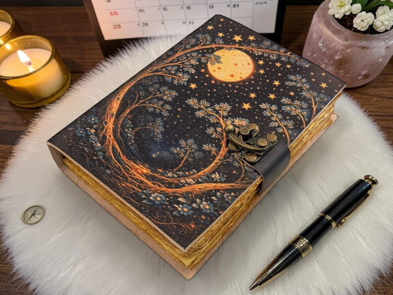 Celestial Moon Forest Leather Journal 5x7 nch, 200 pages